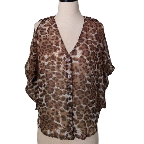 BB DAKOTA Animal Print Leopard Button Down Sheer Blouse Drape Oversize Small S - Picture 1 of 8